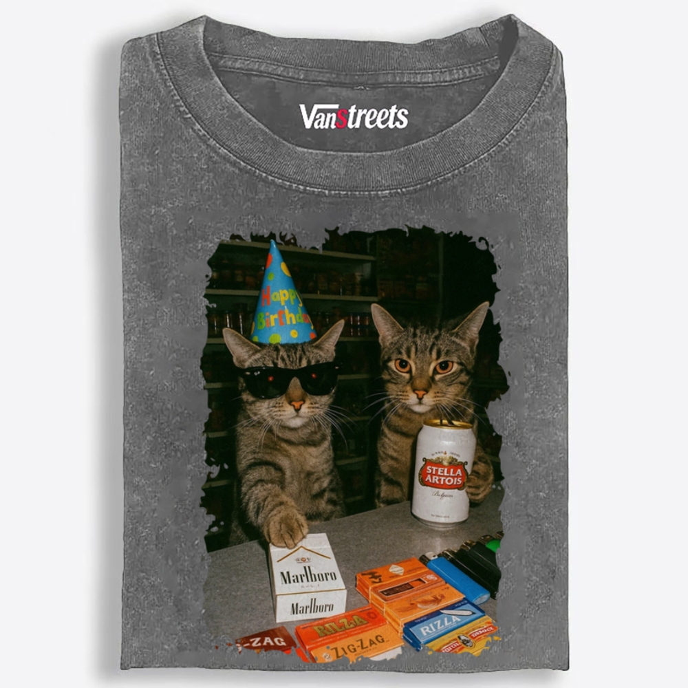 Birthday Party Cats Marlboro Beer Vintage Washed T-Shirt | 100% Cotton | Streetwear Essential