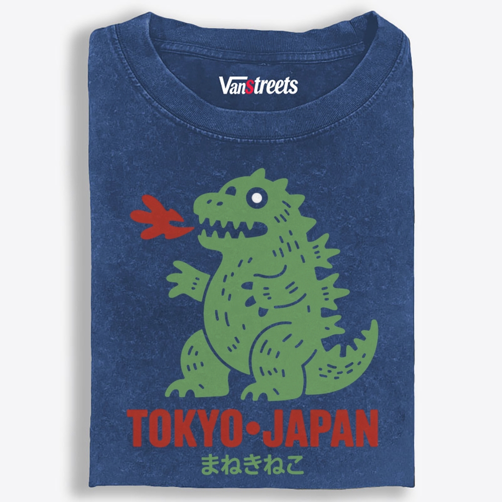 Maneki Neko Godzilla Tokyo Retro Washed T-Shirt | 100% Cotton | Streetwear Essential