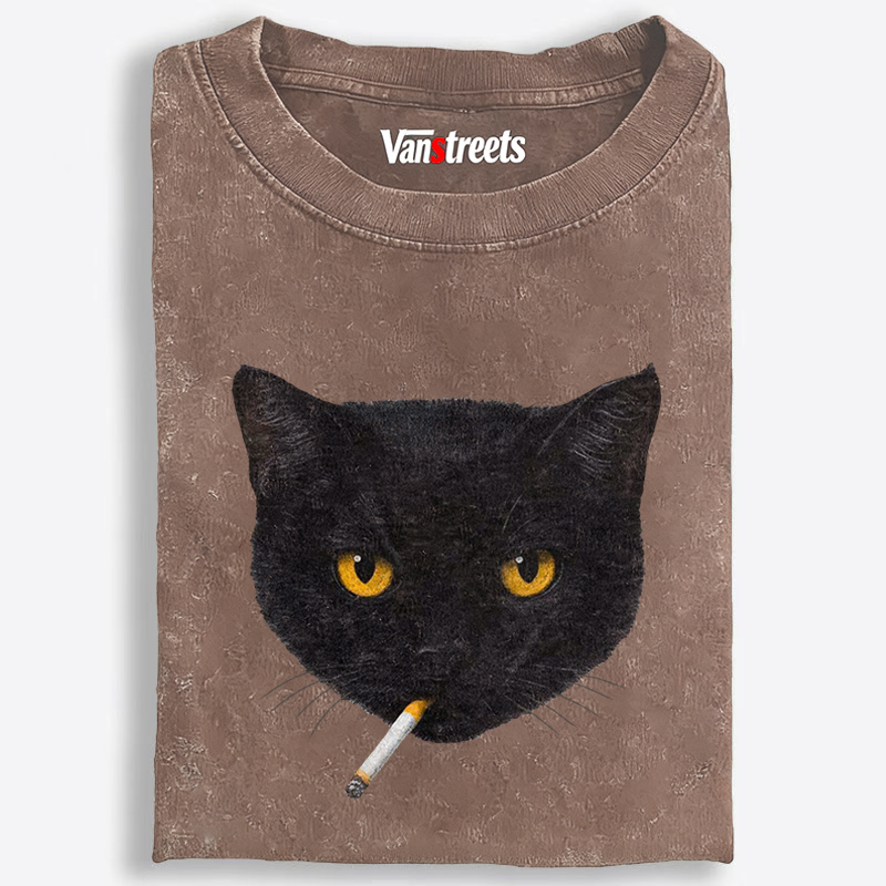 Smoking Black Cat Retro Washed T-Shirt | 100% Cotton | Streetwear Essential