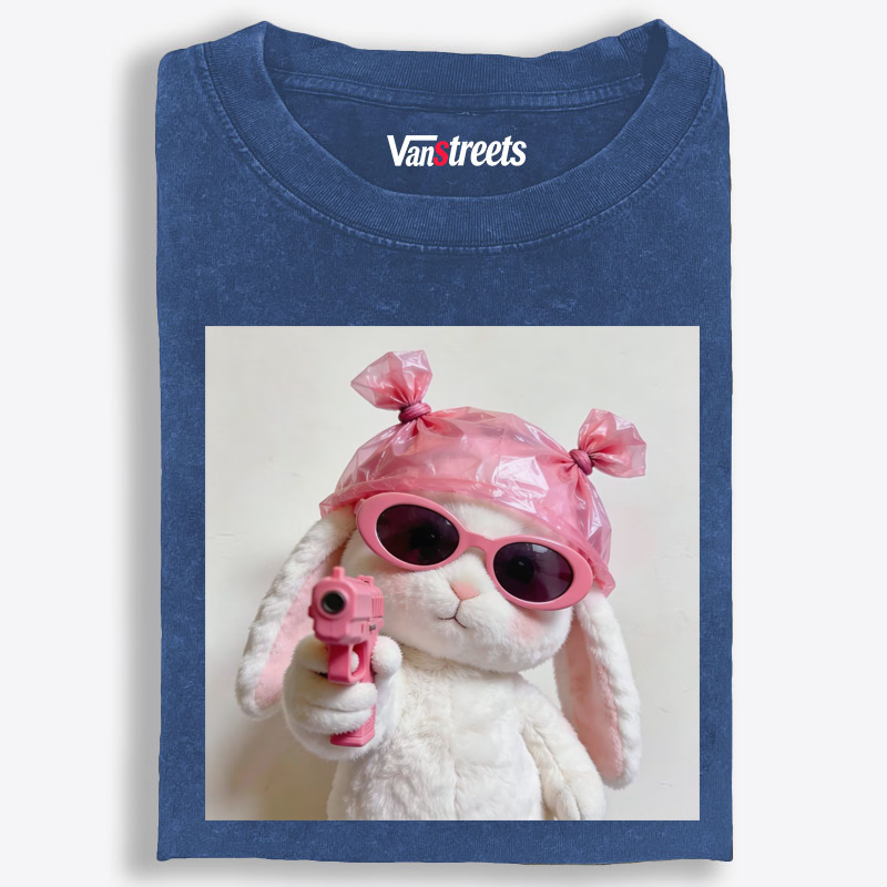 Pink Gun Gangsta Bunny Meme Retro Washed T-Shirt | 100% Cotton | Streetwear Essential