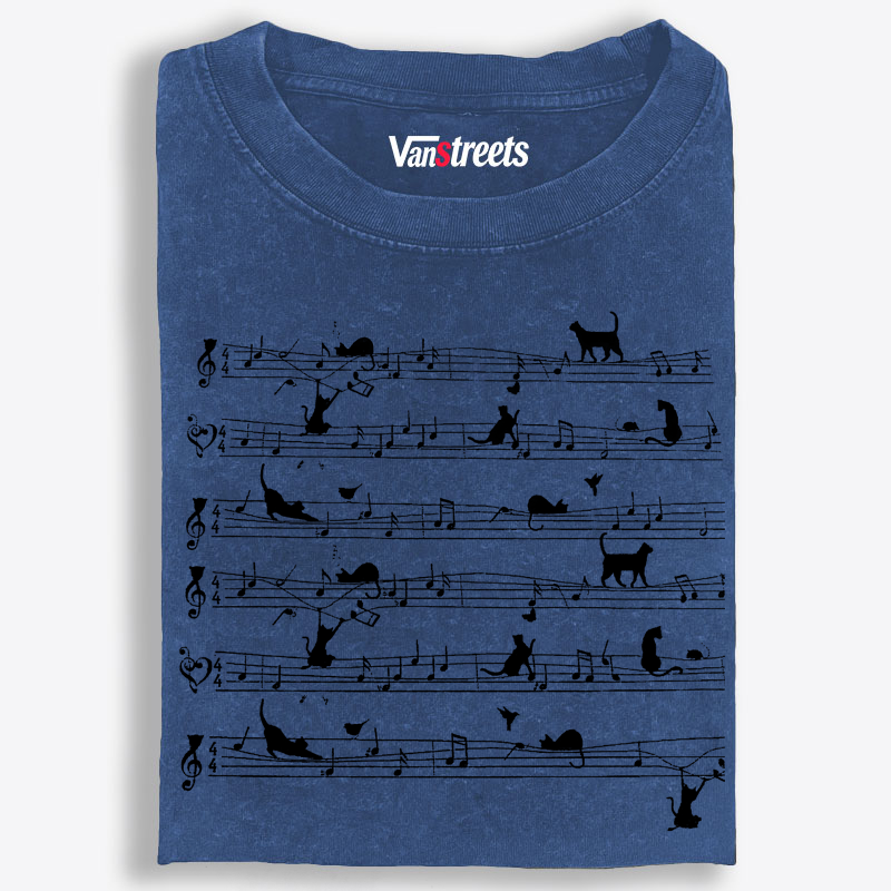 Cat Music Sheet Retro Washed T-Shirt | 100% Cotton | Streetwear Essential