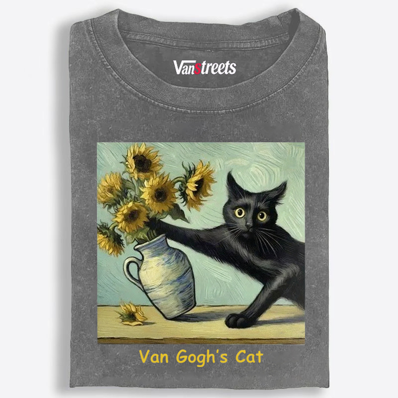 Van Gogh's Cat with Sunflowers Retro Washed T-Shirt | 100% Cotton | Streetwear Essential