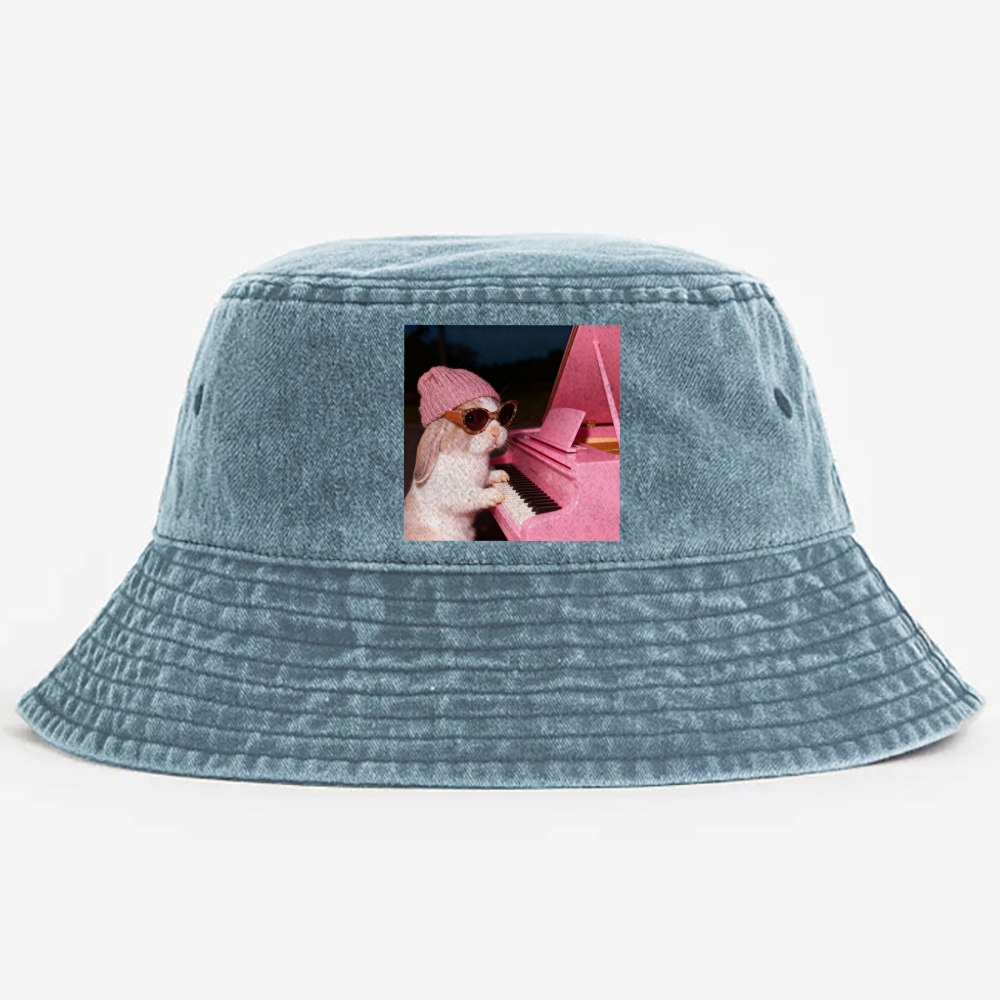 Bunny The Piano Rabbit Retro Vintage Washed Bucket Hat