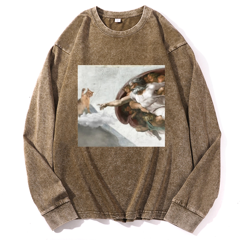 Cat Parody of "The Creation of Adam" Art Retro Washed Long Sleeve T-Shirt