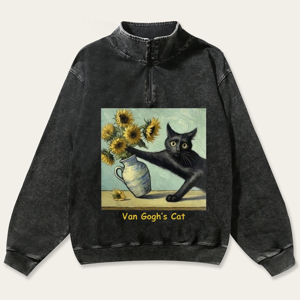 Van Gogh's Cat with Sunflowers Retro Washed Zip-Up Mock Neck Sweatshirt