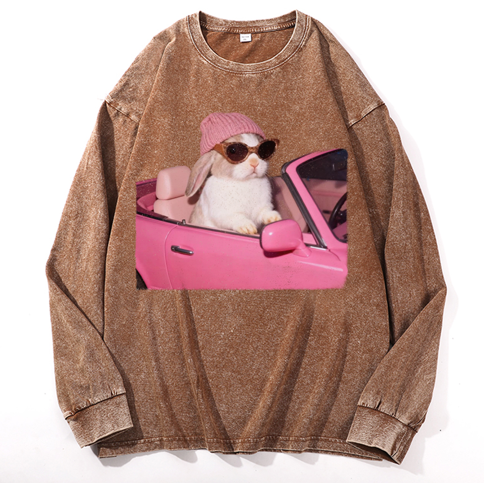 Pink Sports Car Cool Rabbit Retro Washed Long Sleeve T-Shirt