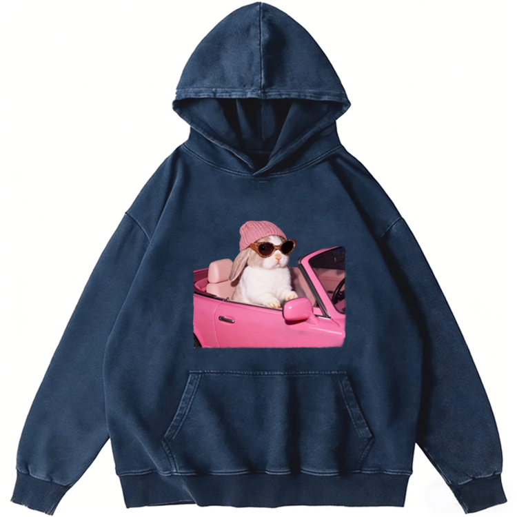 Pink Sports Car Cool Rabbit Retro Washed Hoodie