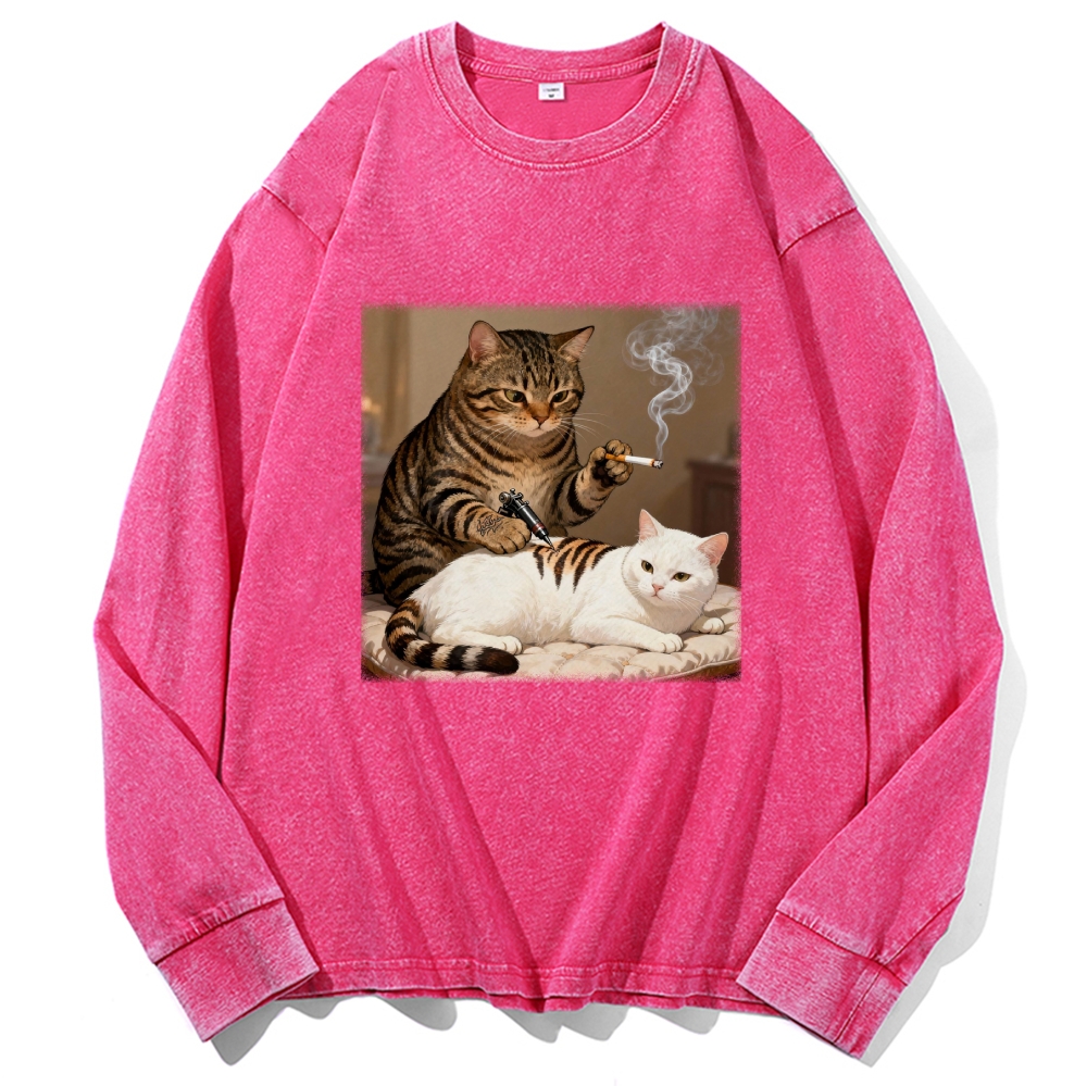 Cat Tattoo Artist Retro Washed Long Sleeve T-Shirt