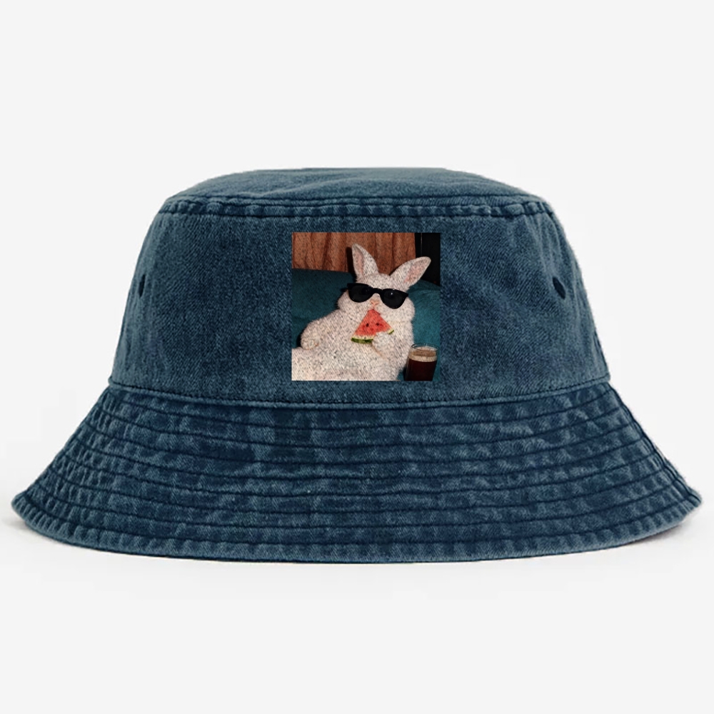 Rabbit Eating Watermelon Sunglasses Retro Vintage Washed Bucket Hat