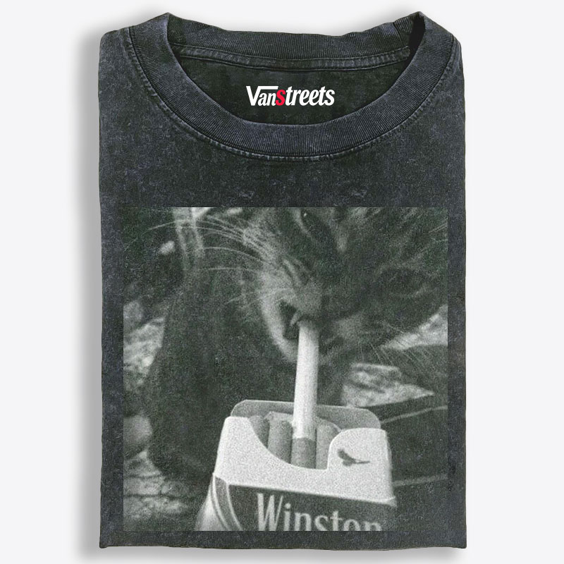Cat with Cigarette Retro Black & White Retro Washed T-Shirt | 100% Cotton | Streetwear Essential