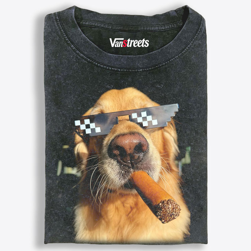 Pixel Sunglasses Golden Retriever Cigar Retro Washed T-Shirt | 100% Cotton | Streetwear Essential