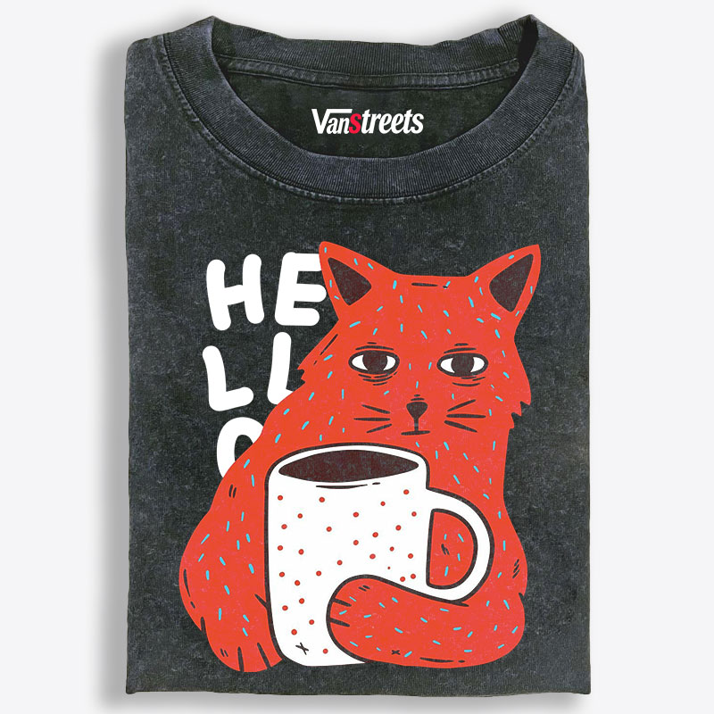 Hello Coffee Red Cat Retro Washed T-Shirt | 100% Cotton | Streetwear Essential