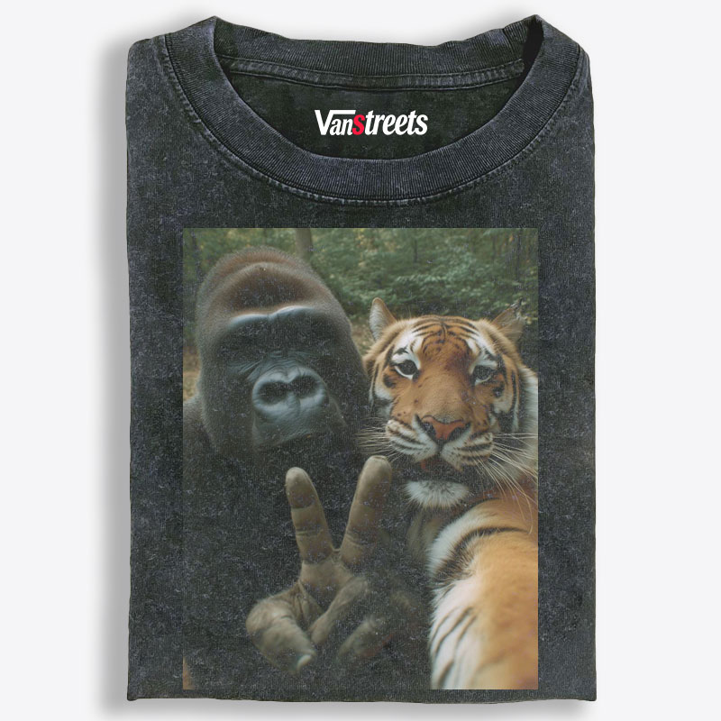 Gorilla & Tiger Selfie Retro Washed T-Shirt | 100% Cotton | Streetwear Essential