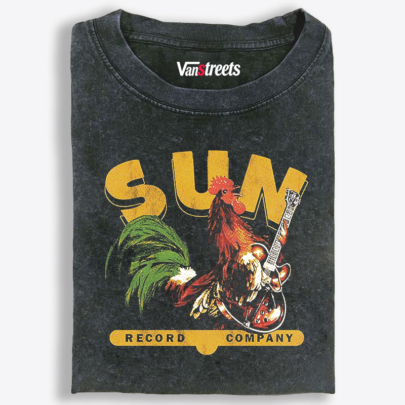 Sun Record Company Rooster Guitar Retro Washed T-Shirt | 100% Cotton | Streetwear Essential