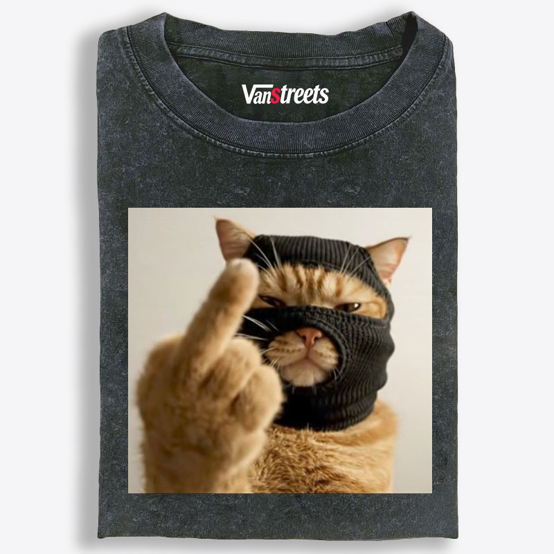 Bank Robber Cat Middle Finger Retro Washed T-Shirt | 100% Cotton | Streetwear Essential