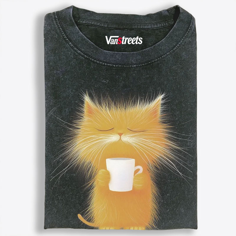 Fluffy Orange Cat with Coffee Retro Washed T-Shirt | 100% Cotton | Streetwear Essential