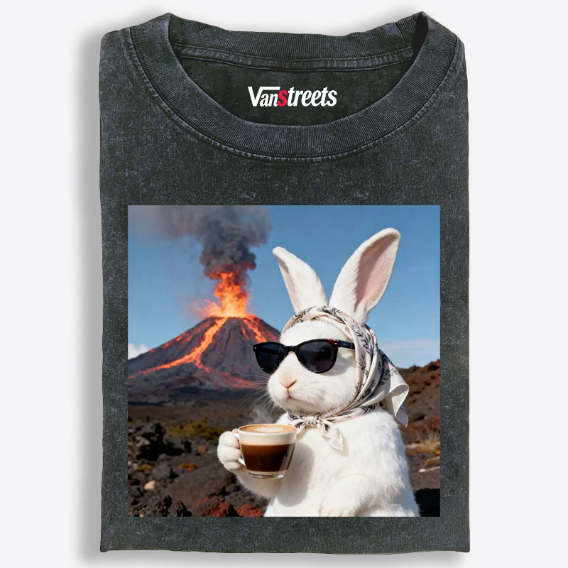 Volcano Coffee Bunny Retro Washed T-Shirt | 100% Cotton | Streetwear Essential
