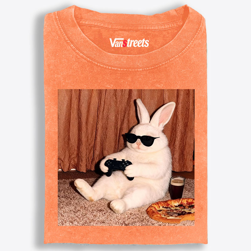 Gamer Rabbit Playing Video Game Retro Washed T-Shirt | 100% Cotton | Streetwear Essential
