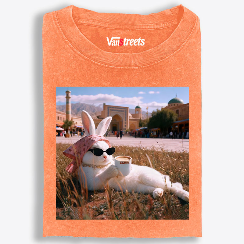 Rabbit Drinking Tea Uyghur Style Retro Washed T-Shirt | 100% Cotton | Streetwear Essential