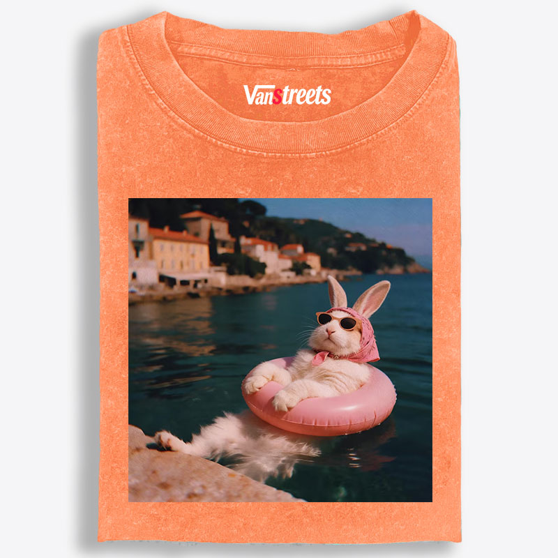 Rabbit On Vacation Swimming Ring Retro Washed T-Shirt | 100% Cotton | Streetwear Essential