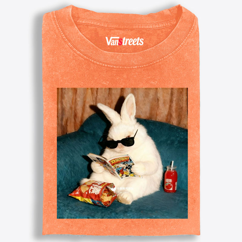 Rabbit Reading Comic Book Cool Cat Retro Washed T-Shirt | 100% Cotton | Streetwear Essential