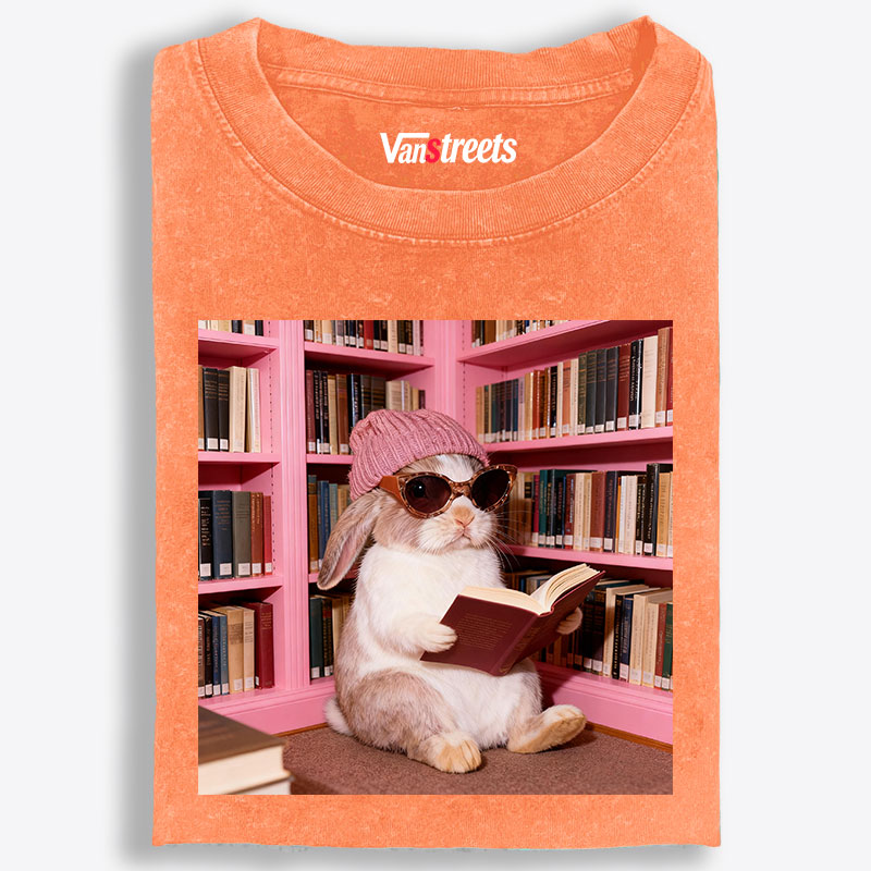 Bunny Bookish Rabbit Retro Washed T-Shirt | 100% Cotton | Streetwear Essential