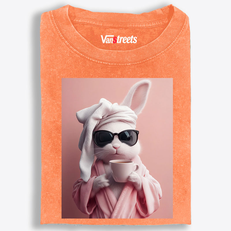 Bunny in Bathrobe Morning Coffee Retro Washed T-Shirt | 100% Cotton | Streetwear Essential