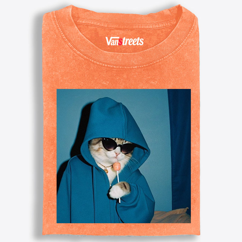 Hoodie Cat with Lollipop Cool Guy Retro Washed T-Shirt | 100% Cotton | Streetwear Essential