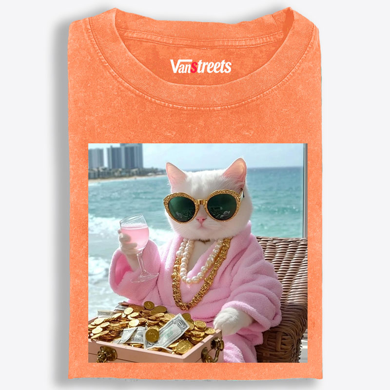 Rich Cat Millionaire Beach Lifestyle Retro Washed T-Shirt | 100% Cotton | Streetwear Essential