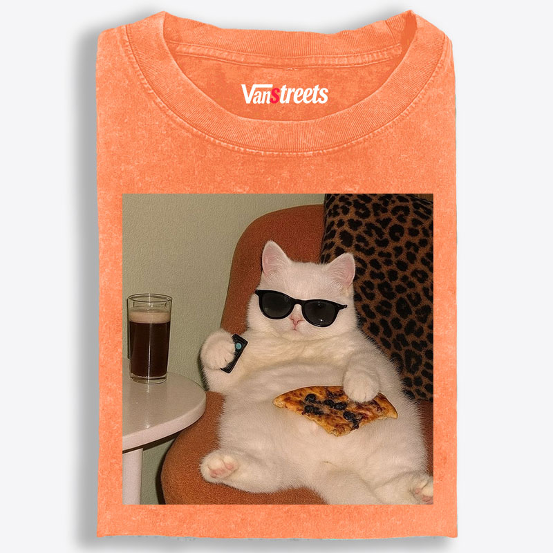 Lazy Cat Pizza & Beer Couch Potato Retro Washed T-Shirt | 100% Cotton | Streetwear Essential