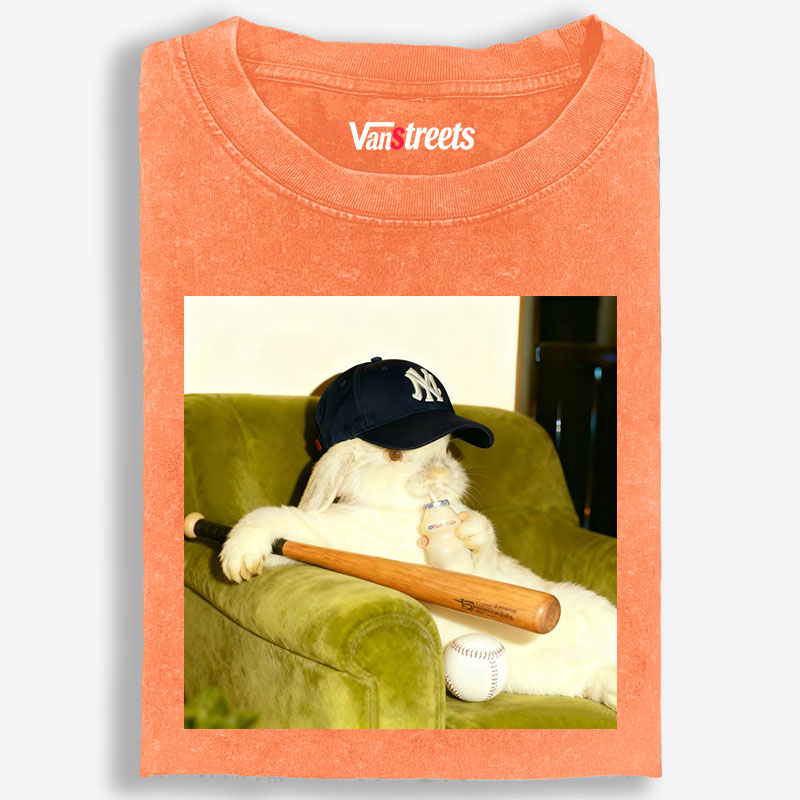 Baseball Rabbit With Bat NY Yankees Retro Washed T-Shirt | 100% Cotton | Streetwear Essential