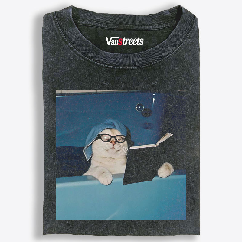 Cat Reading Book In Bathtub Meme Retro Washed T-Shirt | 100% Cotton | Streetwear Essential