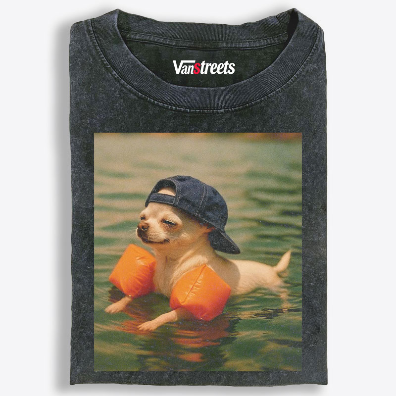 Chihuahua With Arm Floaties Swimming Meme Retro Washed T-Shirt | 100% Cotton | Streetwear Essential