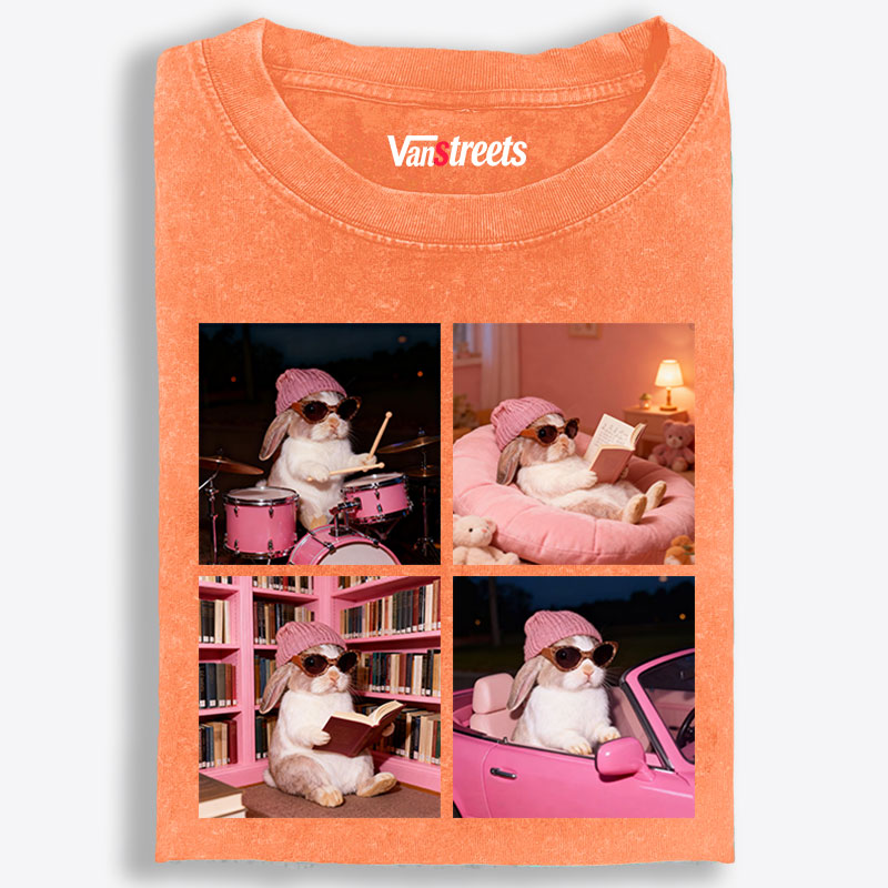 Cool Bunny 4-Panel Life Meme Retro Washed T-Shirt | 100% Cotton | Streetwear Essential