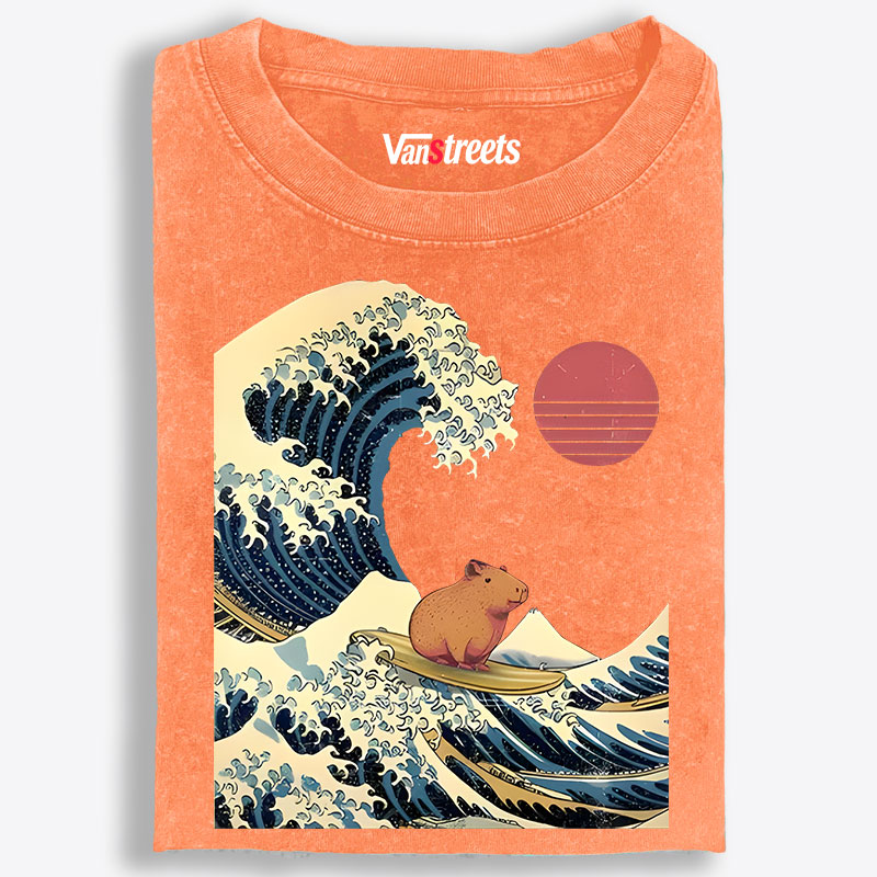 Capybara Surfing Ukiyo-e Retro Washed T-Shirt | 100% Cotton | Streetwear Essential