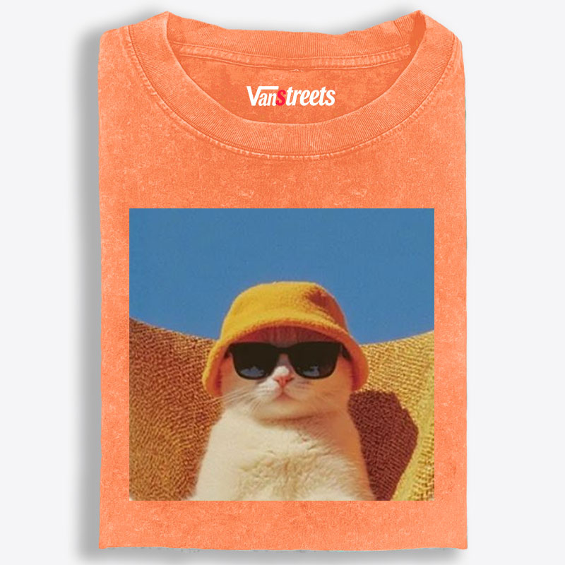 Cool Cat In Yellow Bucket Hat Streetwear Retro Washed T-Shirt | 100% Cotton | Streetwear Essential