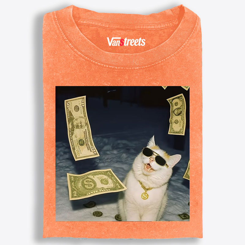 Rich Cat In Money Rain Meme Retro Washed T-Shirt | 100% Cotton | Streetwear Essential