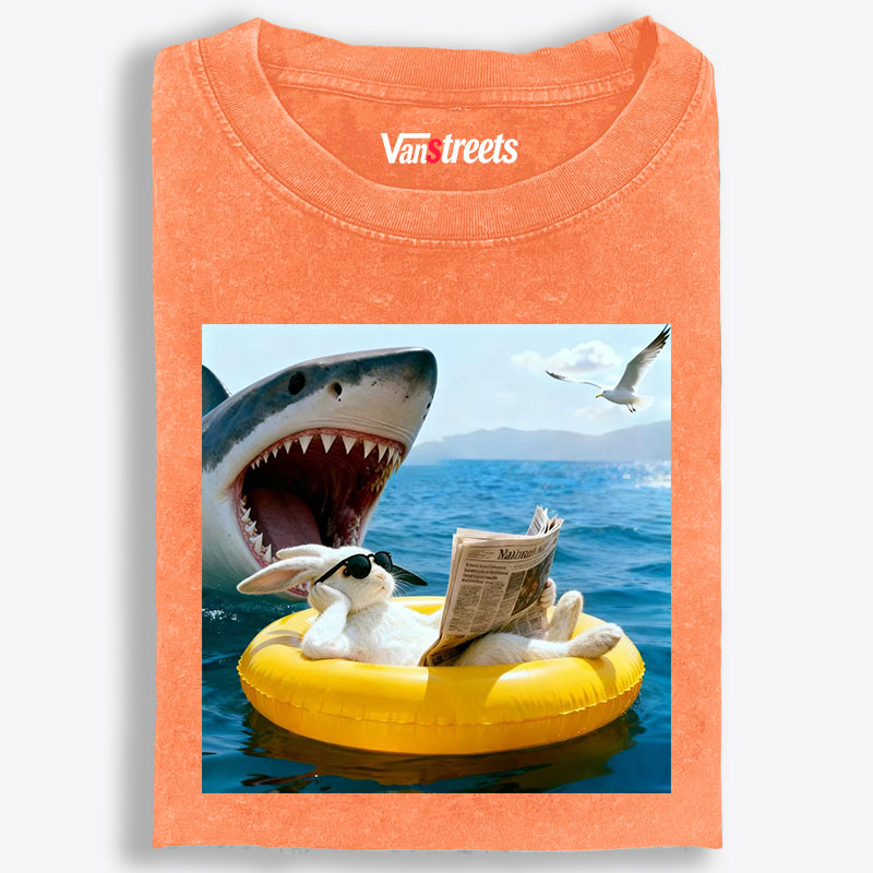Bunny Reading Newspaper With Shark Retro Washed T-Shirt | 100% Cotton | Streetwear Essential