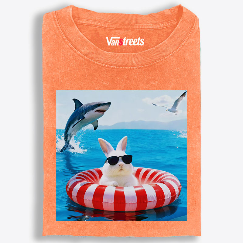 Bunny In Pool Float With Jumping Shark Retro Washed T-Shirt | 100% Cotton | Streetwear Essential