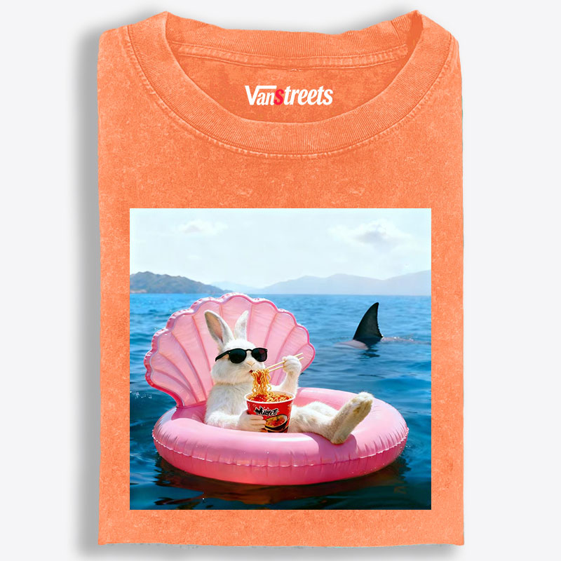 Bunny Eating Ramen With Shark Retro Washed T-Shirt | 100% Cotton | Streetwear Essential