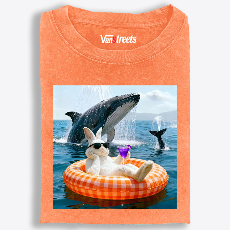 Bunny Drinking Cocktail With Whale Retro Washed T-Shirt | 100% Cotton | Streetwear Essential