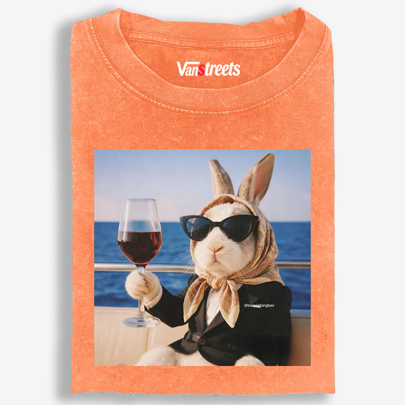 Rich Bunny Drinking Wine On Yacht Retro Washed T-Shirt | 100% Cotton | Streetwear Essential