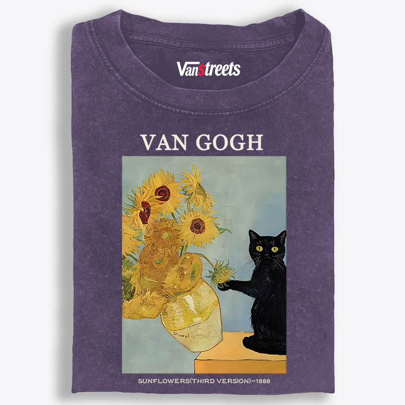 Playful Cat Meets Van Gogh Sunflowers Retro Washed T-Shirt | 100% Cotton | Streetwear Essential