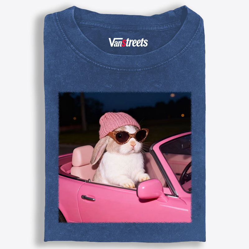 Fashion Bunny Cruising In Pink Car Retro Washed T-Shirt | 100% Cotton | Streetwear Essential