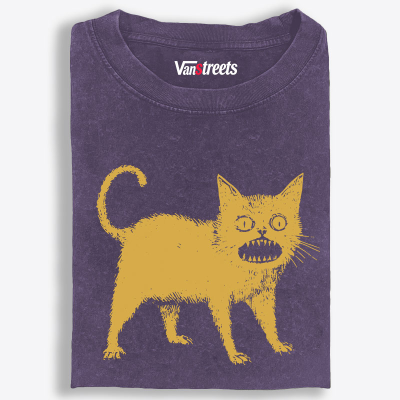 Creepy Yellow Cat Retro Washed T-Shirt | 100% Cotton | Streetwear Essential