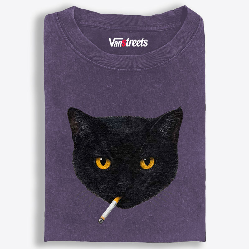 Smoking Black Cat Retro Washed T-Shirt | 100% Cotton | Streetwear Essential