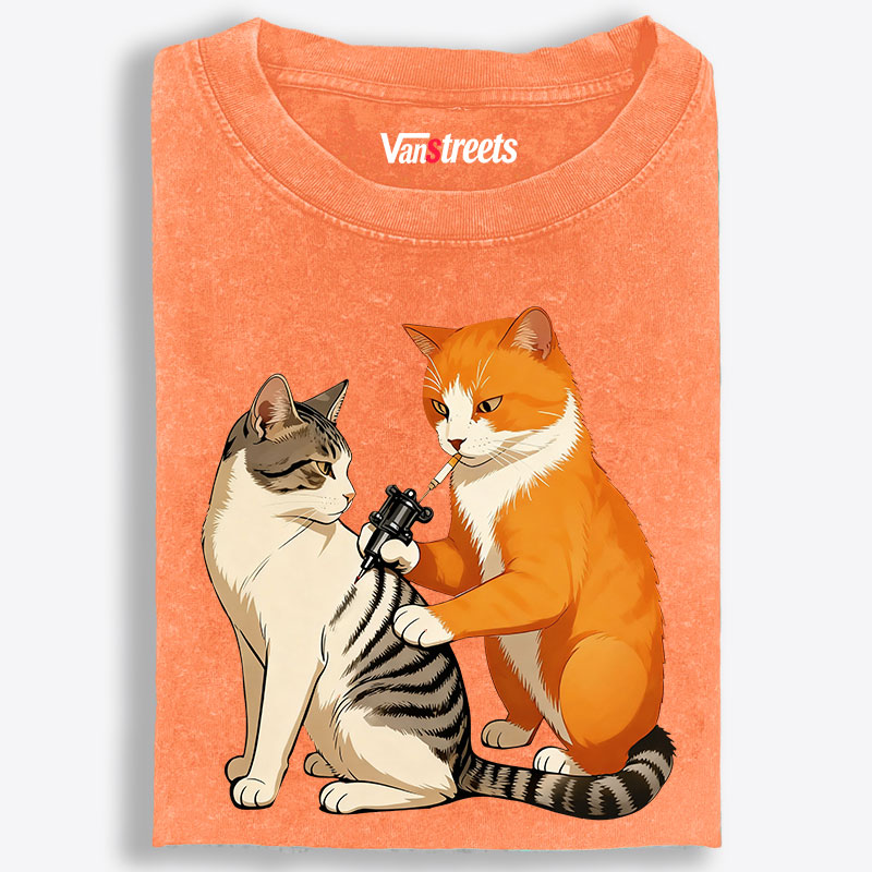 Tattoo Artist Orange Cat Retro Washed T-Shirt | 100% Cotton | Streetwear Essential