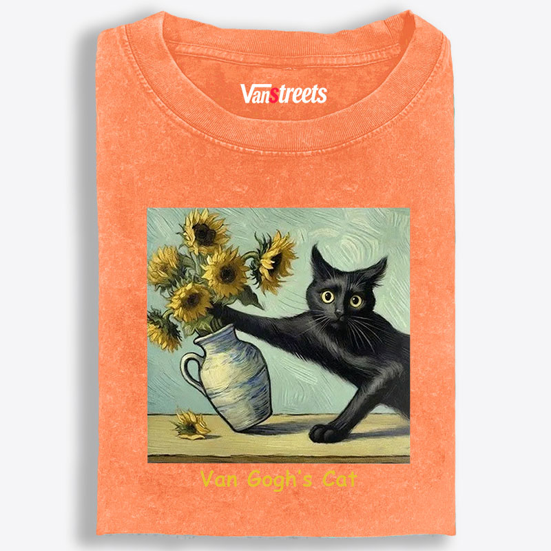 Van Gogh's Cat with Sunflowers Retro Washed T-Shirt | 100% Cotton | Streetwear Essential