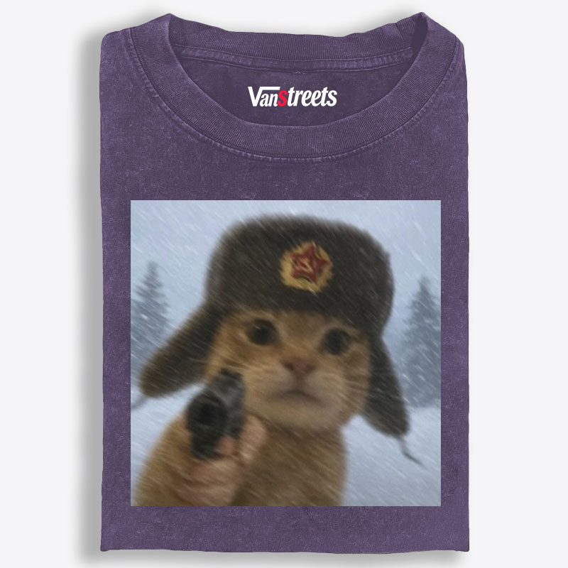 Soviet Ushanka Cat Retro Washed T-Shirt | 100% Cotton | Streetwear Essential