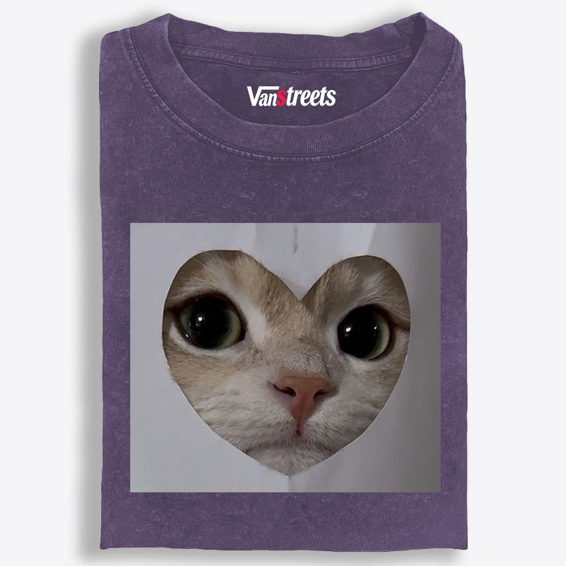 Heart Cutout Cat Face Retro Washed T-Shirt | 100% Cotton | Streetwear Essential